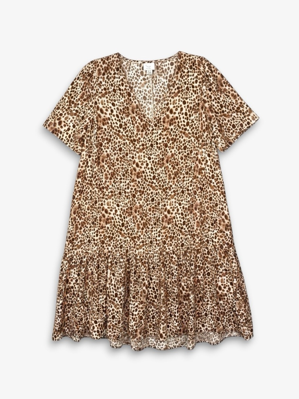 A NEW‎ DAY V Neck Mini Dress XS Leopard Short Sleeve Ruffle Hem Slip On Casual